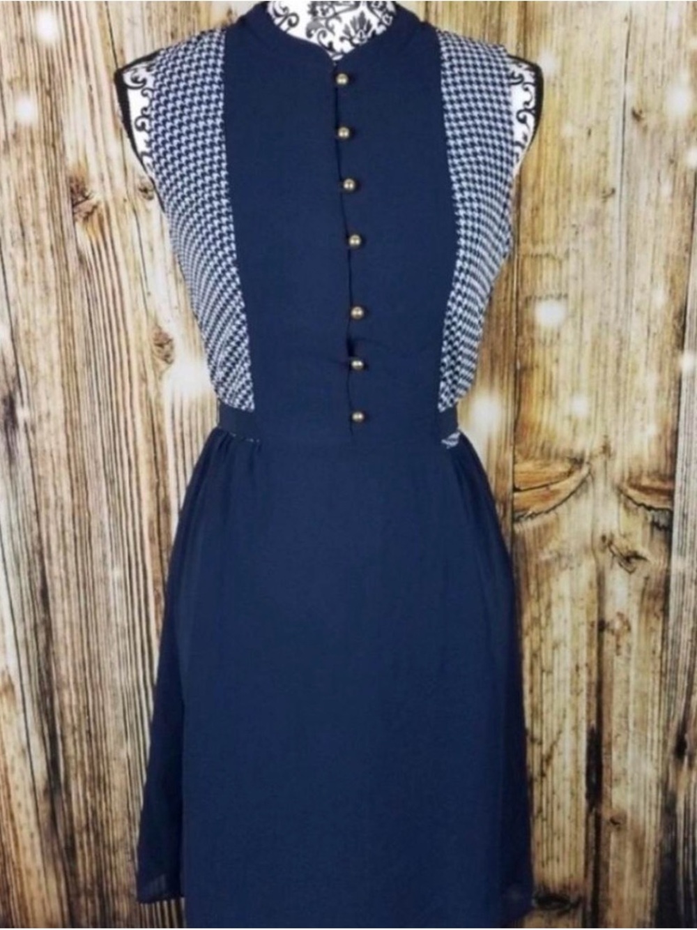 Tommy Hilfiger Navy Sleeveless Dress with Houndstooth Panels